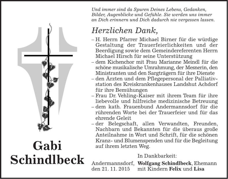 Traueranzeige Gabi Schindlbeck