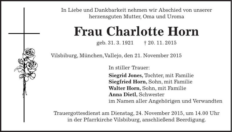 Traueranzeige Charlotte Horn