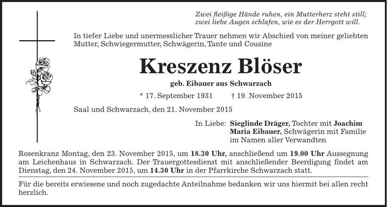 Traueranzeige Kreszenz Blöser