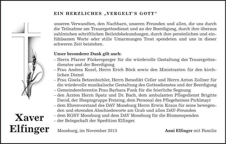 Traueranzeige Xaver Elfinger
