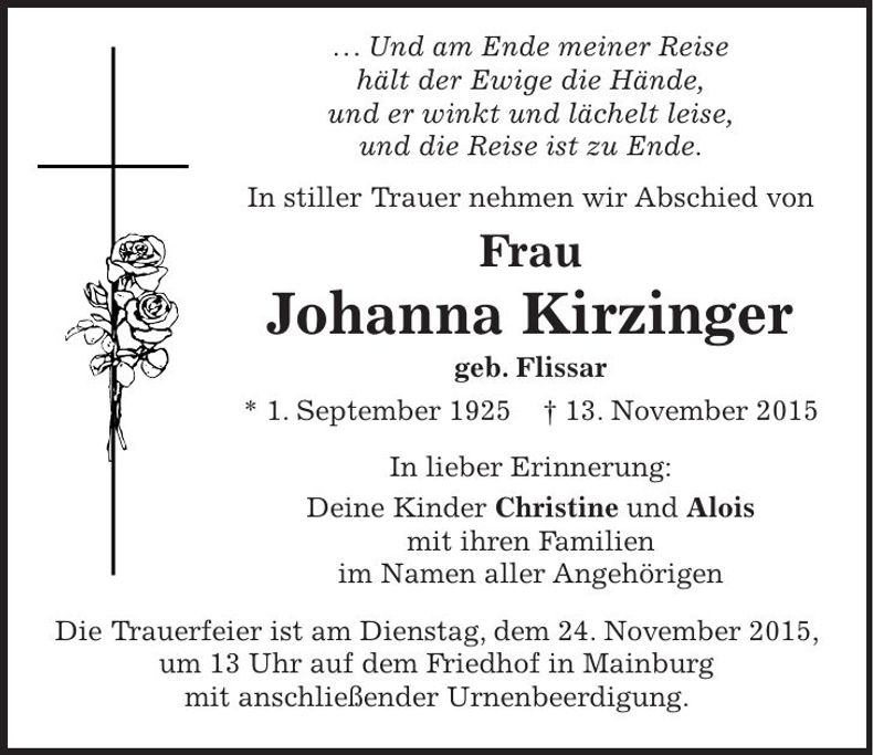 Traueranzeige Johanna Kirzinger