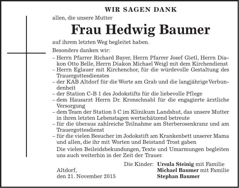 Traueranzeige Hedwig Baumer