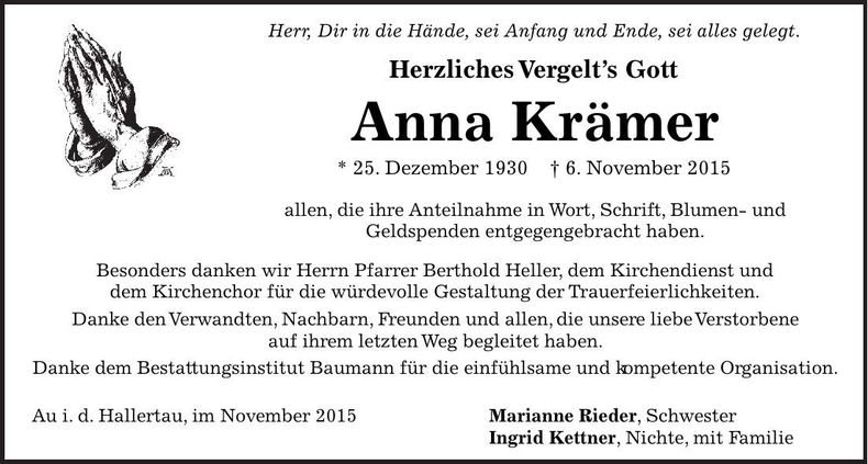 Traueranzeige Anna Krämer