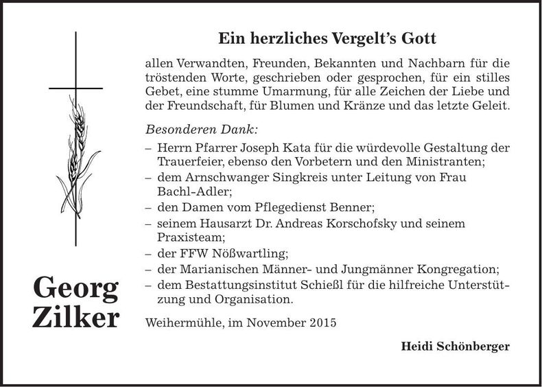 Traueranzeige Georg Zilker