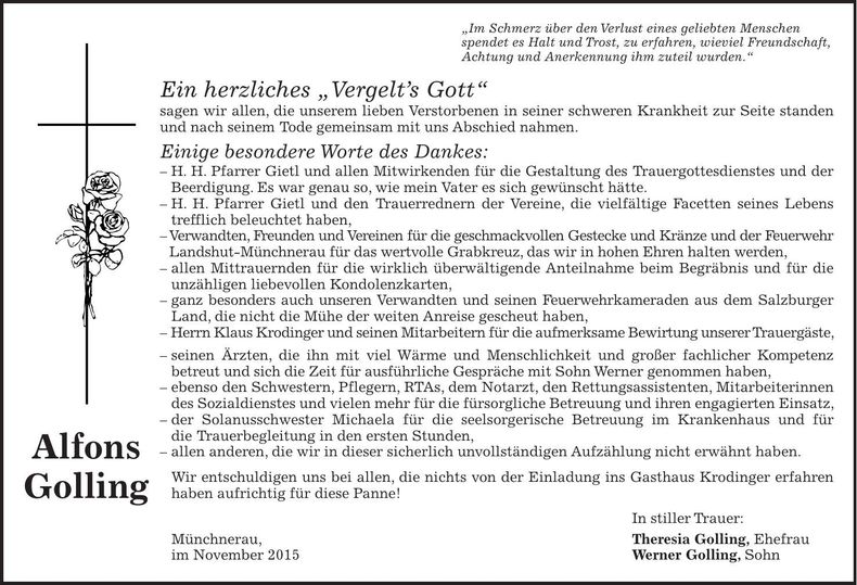 Traueranzeige Alfons Golling