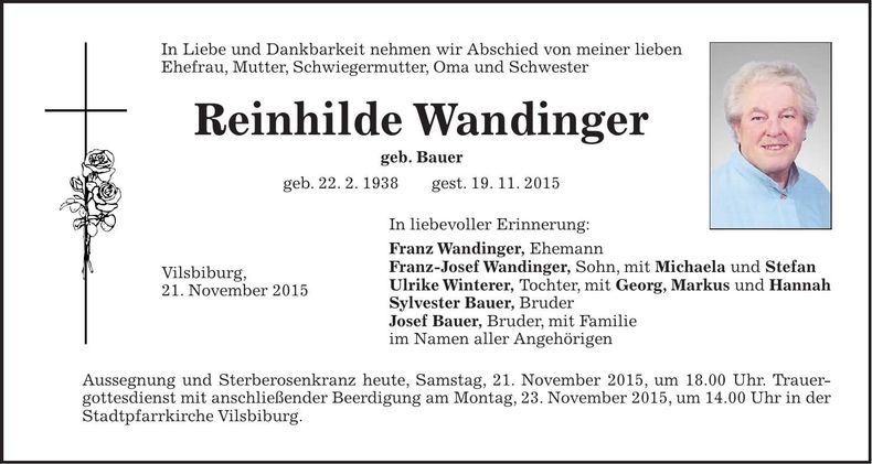 Traueranzeige Reinhilde Wandinger
