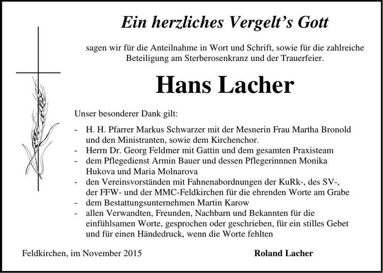 Traueranzeige Hans Lacher