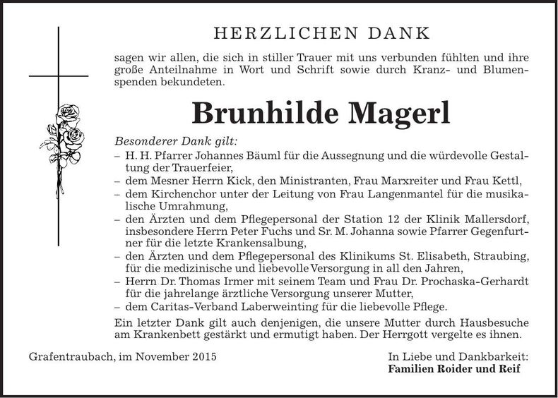 Traueranzeige Brunhilde Magerl