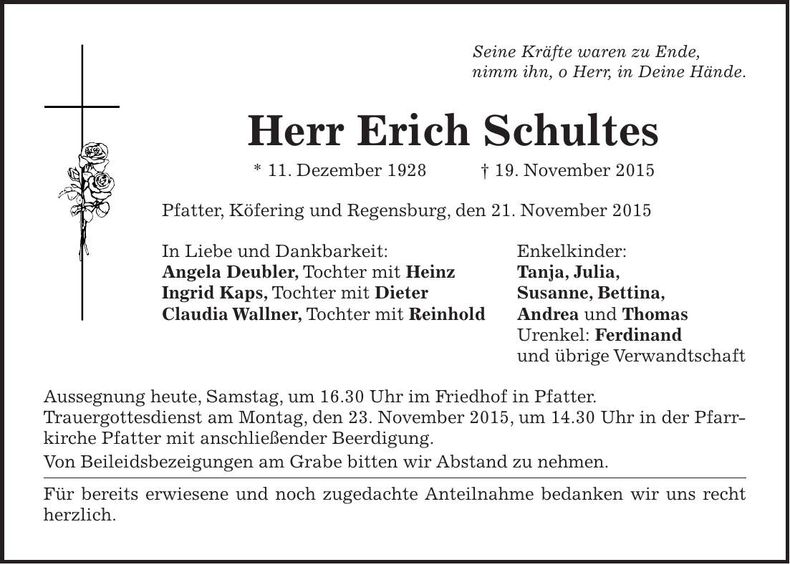 Traueranzeige Erich Schultes