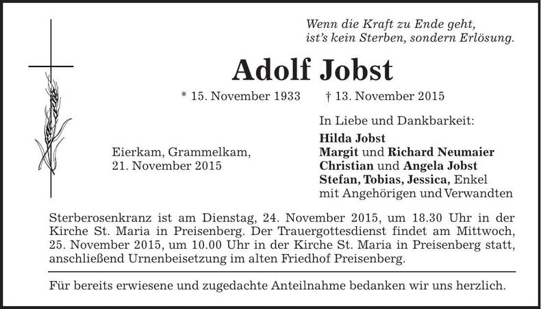 Traueranzeige Adolf Jobst