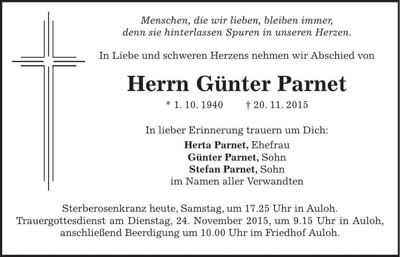 Traueranzeige Günter Parnet