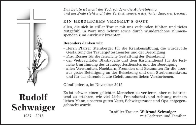 Traueranzeige Rudolf Schwaiger