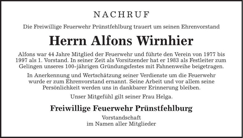 Traueranzeige Alfons Wirnhier