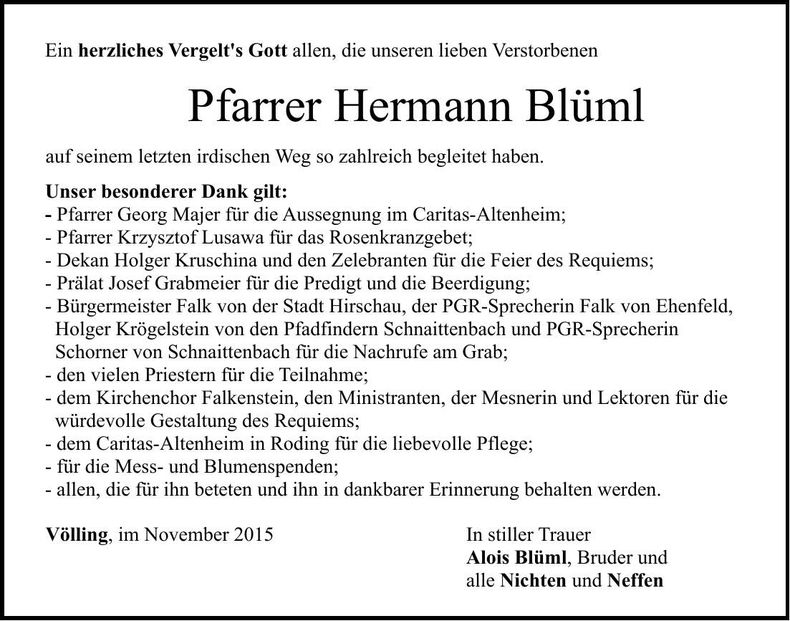 Traueranzeige Hermann Blüml