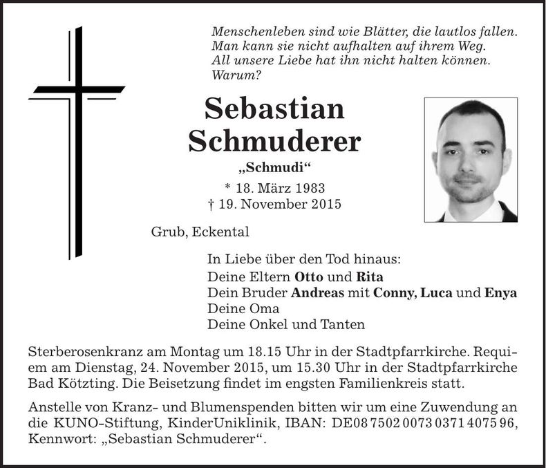 Traueranzeige Sebastian Schmuderer