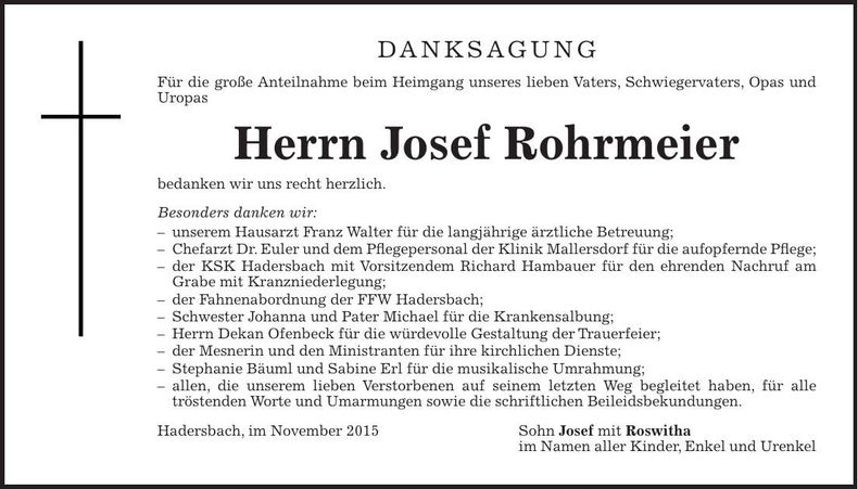 Traueranzeige Josef Rohrmeier