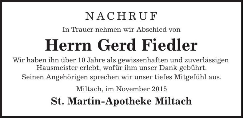 Traueranzeige Gerd Fiedler