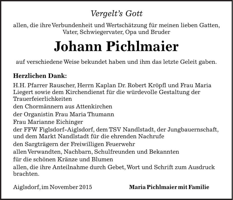 Traueranzeige Johann Pichlmaier