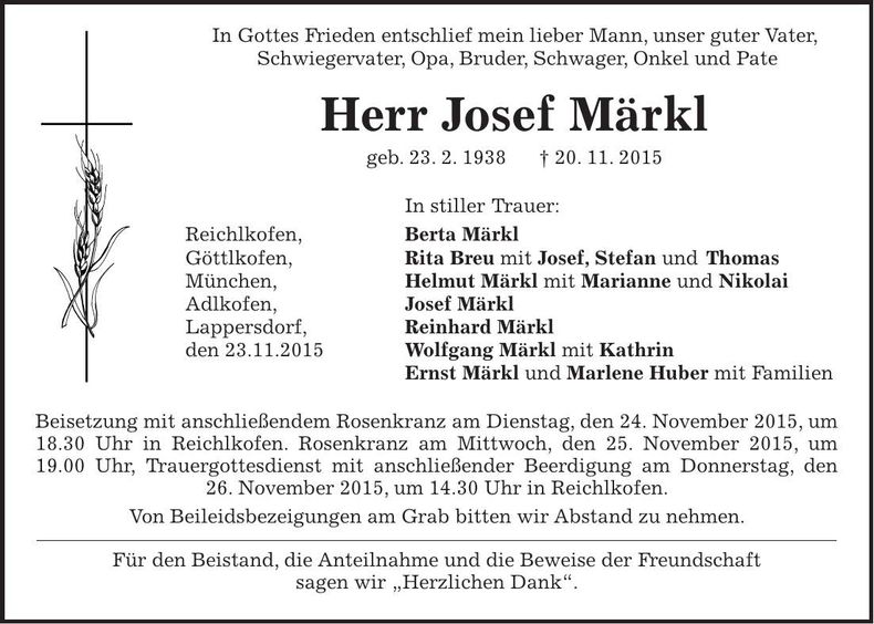 Traueranzeige Josef Märkl