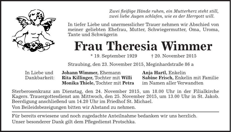Traueranzeige Theresia Wimmer