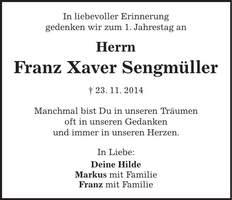 Traueranzeige Franz Xaver Sengmüller
