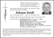 Traueranzeige Johann Seidl