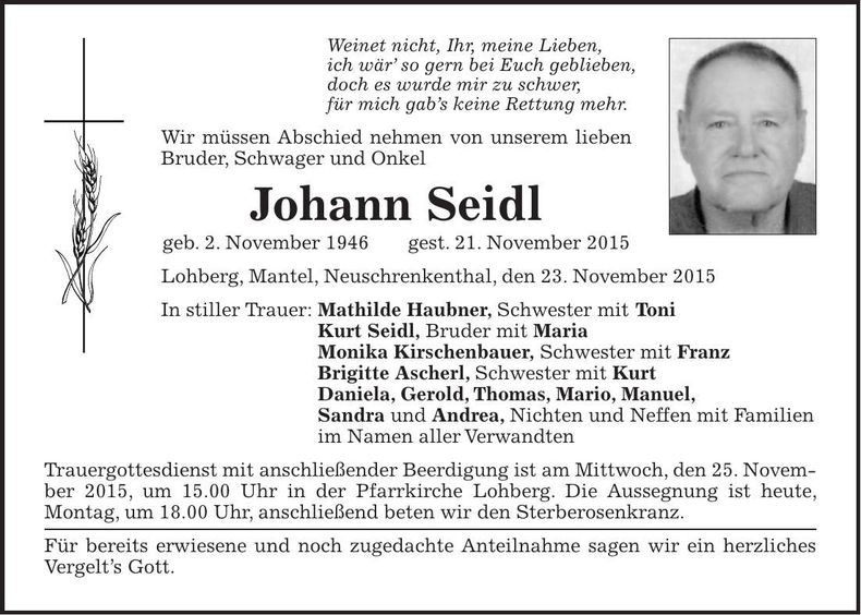 Traueranzeige Johann Seidl