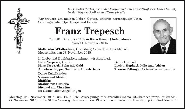 Traueranzeige Franz Trepesch