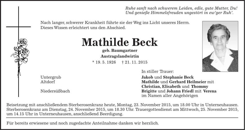 Traueranzeige Mathilde Beck