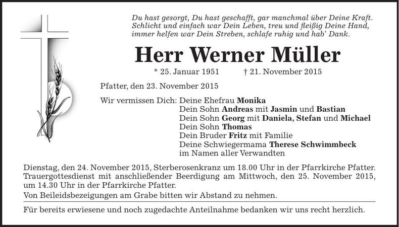 Traueranzeige Werner Müller