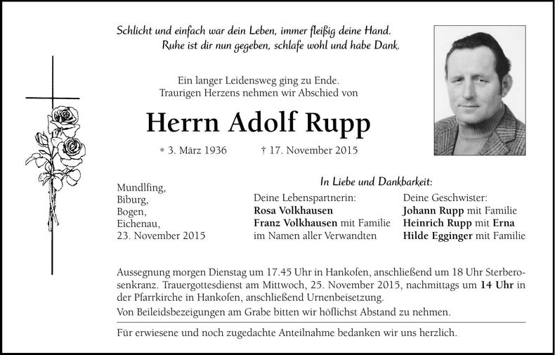 Traueranzeige Adolf Rupp