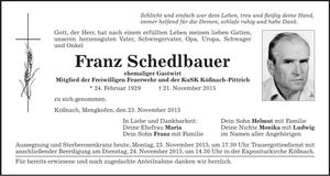 Traueranzeige Franz Schedlbauer