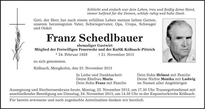 Traueranzeige Franz Schedlbauer