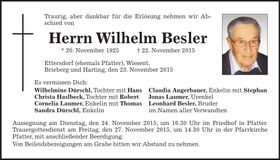 Traueranzeige Wilhelm Besler