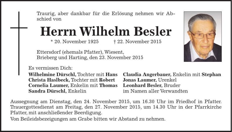 Traueranzeige Wilhelm Besler