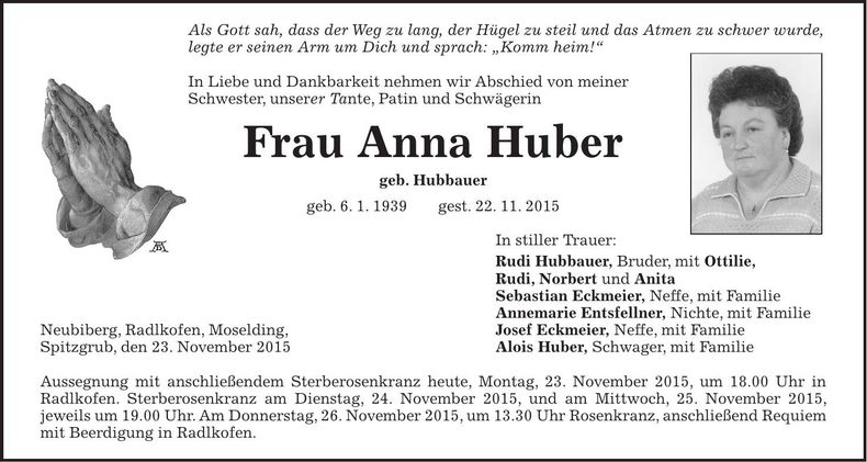 Traueranzeige Anna Huber