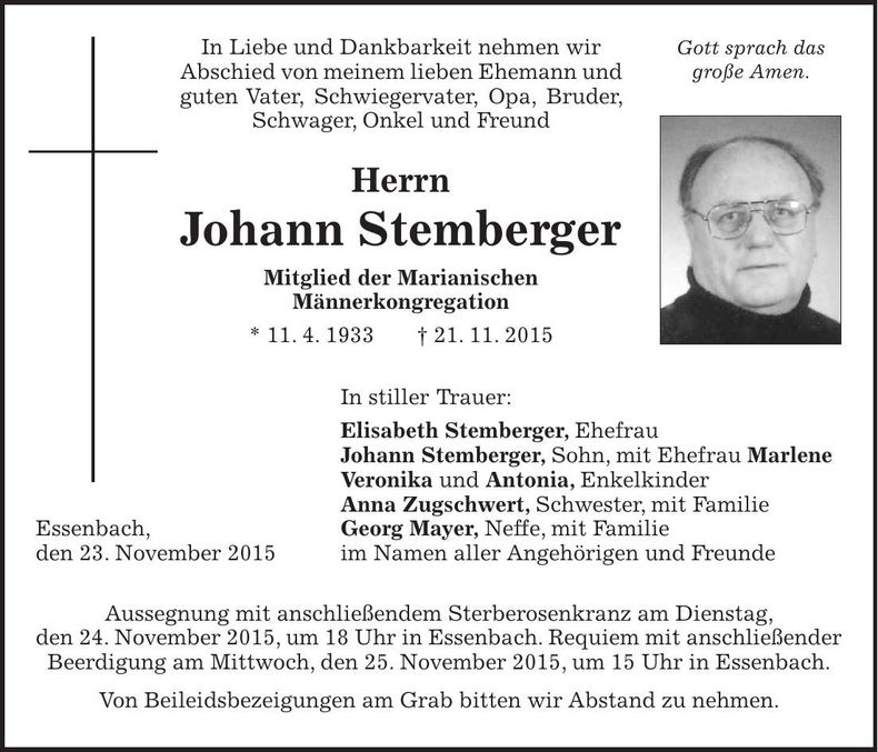Traueranzeige Johann Stemberger