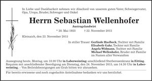 Traueranzeige Sebastian Wellenhofer