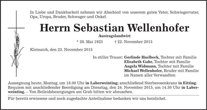 Traueranzeige Sebastian Wellenhofer