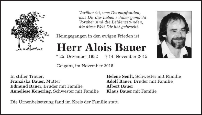 Traueranzeige Alois Bauer