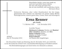 Traueranzeige Erna Renner