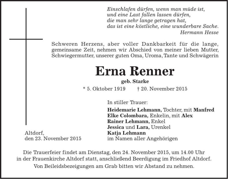 Traueranzeige Erna Renner