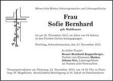 Traueranzeige Sofie Bernhard