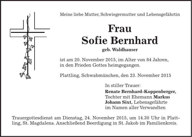 Traueranzeige Sofie Bernhard