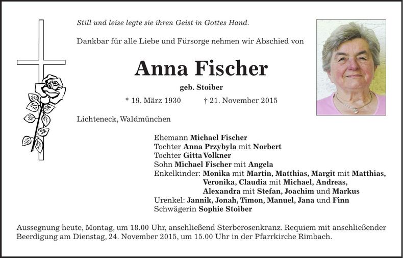 Traueranzeige Anna Fischer