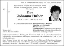 Traueranzeige Johanna Huber