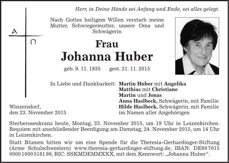 Traueranzeige Johanna Huber