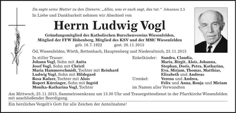 Traueranzeige Ludwig Vogl