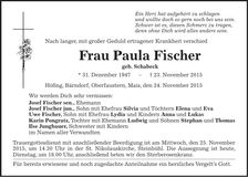 Traueranzeige Paula Fischer