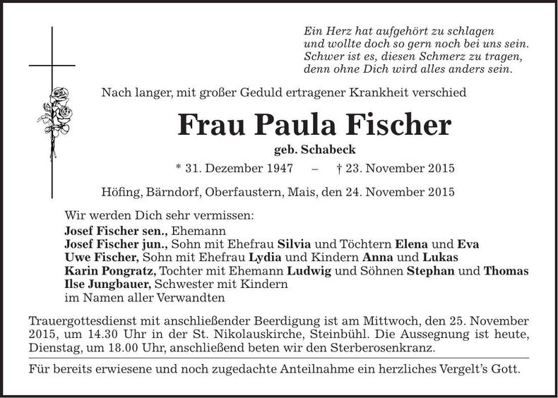 Traueranzeige Paula Fischer